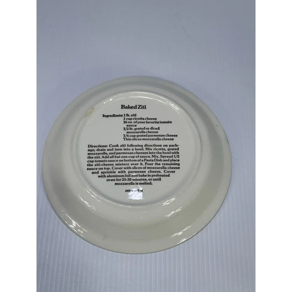 Vintage 1980s Pasta Pie Plate Baked Ziti Recipe on Back